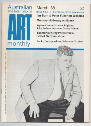 6 The Large Man At The Door: Julie Ewington No.8, March 1988: edited by Peter Townsend; production layout by Janet Gough; typesetting by Dawson Magazines Pty Ltd John Brack, Portrait of Fred Williams, 1958, detail; oil on canvas, 112.7 x 90.8cm, Art Gallery of South Australia, Adelaide