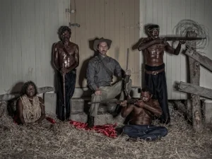 4 Greg Semu and Philjames: All that Glitters Is Not Gold: Elizabeth Reidy, Sydney Greg Semu, Black Tracker Surrogate Family , 2016-17, from the 'Blood Red' series; pigment print on art paper, 80 x 106.75cm; image courtesy the artist and Alcaston Gallery, Melbourne