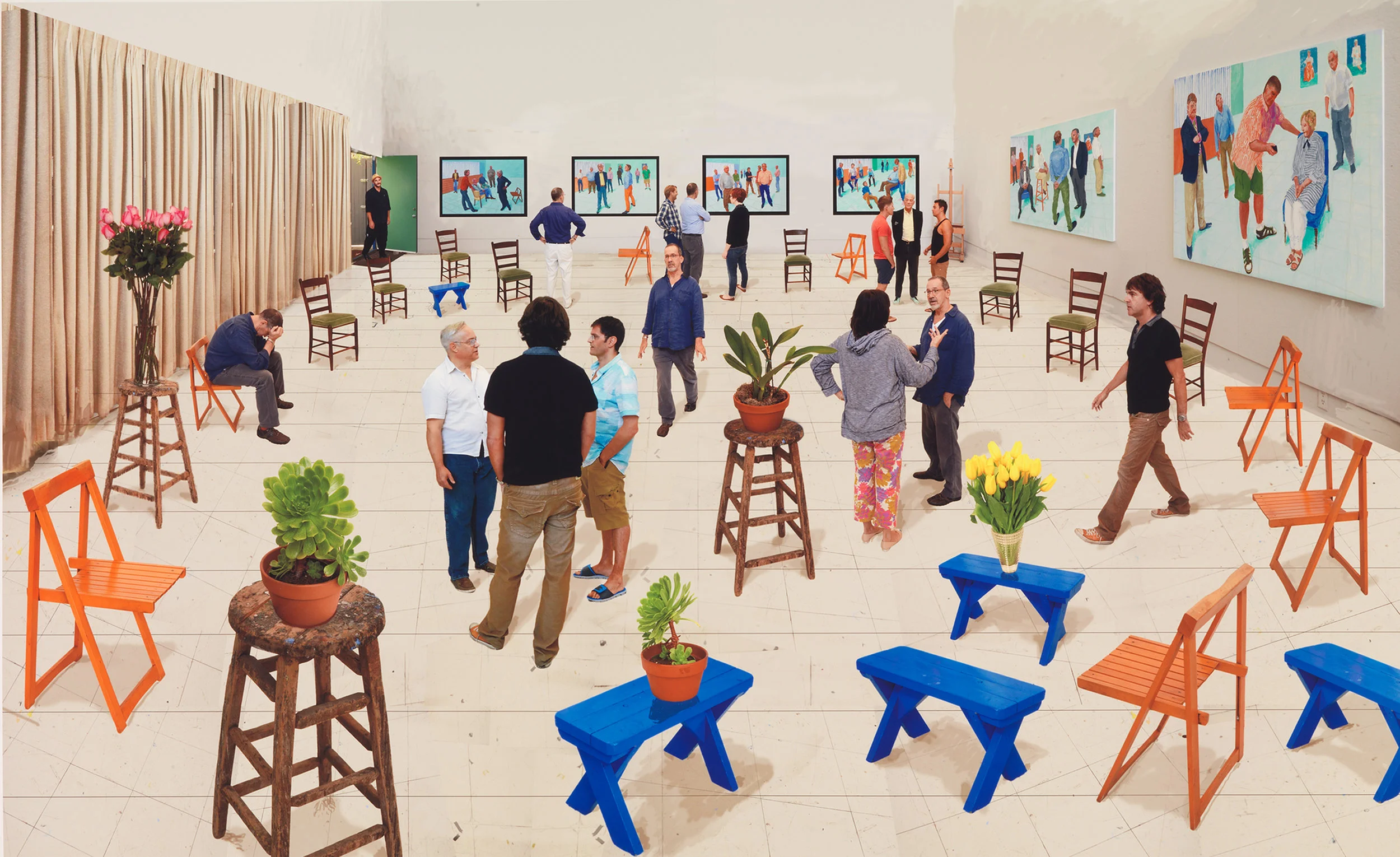 David Hockney, 4 Blue Stools , 2014, photographic drawing printed on paper, mounted on Dibond, edition of 25, 107.9 x 176cm; from the collection of John and Helen Hockney; © David Hockney; photo: Richard Schmidt
