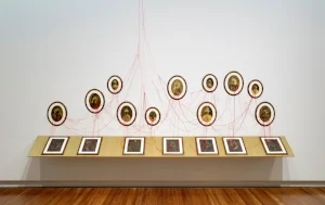 5 Connecting threads: 'so fine' at the National portrait gallery: caren florence, canberra Nusra Latif Qureshi, Refined Portraits of Desire , 2018, watercolour, gouache, cotton, polyester thread, acrylic on illustration boards, 180 x 430cm; image courtesy the artist and Sutton Gallery, Melbourne