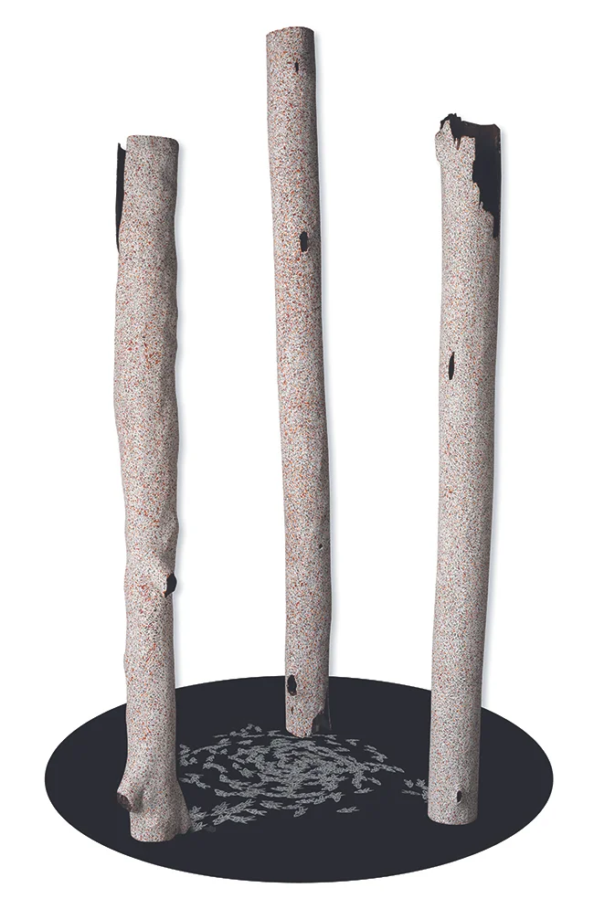 Wukun Wanambi, Destiny , 2018, natural pigments on stringybark pole and video, 280 x 200 x 200cm (overall); image courtesy the artist and the Museum and Art Gallery of the Northern Territory (MAGNT), Darwin
