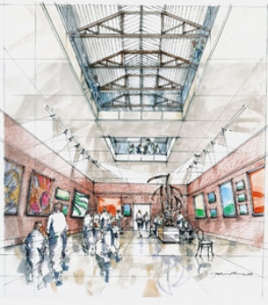 4 Convergence or Submergence?: PATRICK FILMER-SANKEY The old Southern Gallery in the Queen Victoria Museum and Art Gallery’s Royal Park venue showing the original roof beam and skylights which will be restored in the building’s art gallery redevelopment, as the related artist’s impression (shown here) shows