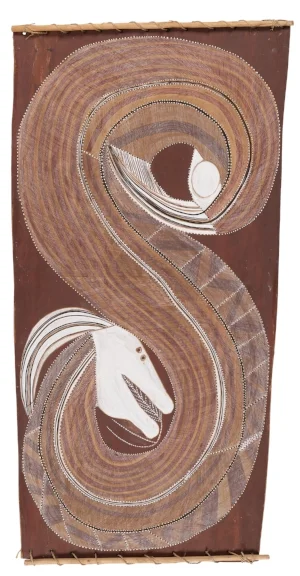 7 Kamak!: The mercurial art of john mawurndjul John Mawurndjul, Ngalyod , c. 1981, earth pigments on stringybark ( Eucalyptus tetrodonta ), 120 x 61.5 x 30cm; Berndt Museum Collection, The University of Western Australia, Perth; © John Mawurndjul/Licensed by the Copyright Agency, 2018; photo: Berndt Museum