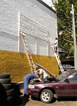 7 Love thy neighbour: SLOT five years on   AUTHORS: GINA FAIRLEY, MERILYN FAIRSKYE, RUARK LEWIS, MAI LONG &amp; TONY TWIGG  Image: Installing Ruark Lewis’s,  Banalities for Babel  (detail), 2005, installation view, 2009, at Gas N Go service station, Redfern. This text-panel reads: 8 he disappeared in thin air 9 across the citys [sic] frozen water he could hear the voices 10 where the folded ribbons remain a warning 11 a snake is mostly misunderstood 12 in their music the sound of water is almost audible 13 he was stationed in the army of the senses 14 why gather momentum 15 the rat has solved the problem of the hole. Image courtesy the artists and SLOT