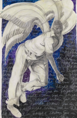 11 Letter to editor Ron Hurley, Cricket gods 2 (Urban god in flight) , 1999, graphite and oil on paper, 147.5 x 96.5cm. Hurley Family Collection, Brisbane