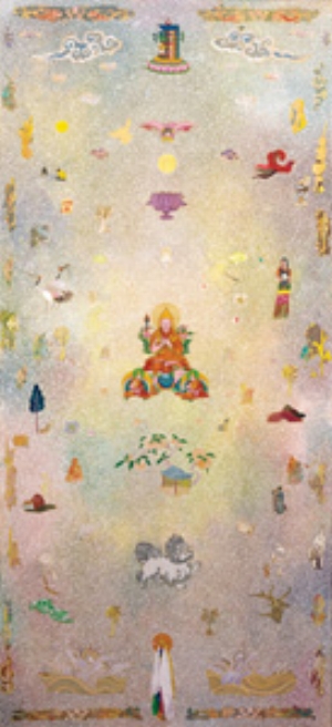 4 The Impossible Unities of Tim Johnson: EMILY ROBERTSON Tim Johnson; Collaborating artists Karma Phuntsok and Brendan Smith. Lotus Born (detail), 2006, acrylic on linen, 9 panels: 198 x 91.5cm (each); 198 x 823.5cm (overall). Contemporary Collection Benefactors 2006. Collection: Art Gallery of New South Wales