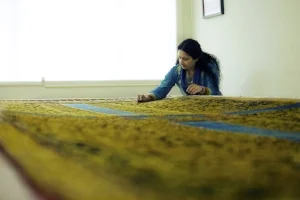 3 curating atp9: staying with the questions: zara stanhope, brisbane Aisha Khalid, Your way begins on the other side , 2014, detail; gold-plated steel pins and fabric; Aga Khan Museum, Toronto; image courtesy the artist and Aga Khan Museum, Toronto