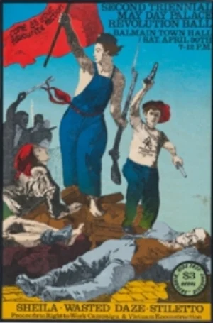 1 Not Dead Yet, CDU Art Gallery, Darwin: RUSSELL GOLDFLAM Chips Mackinolty, 2nd May Day palace revolution ball , 1977, screenprint, 75.5 x 49.5cm