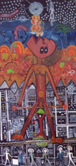 3 Trevor Nickolls: an urban gift: SUZANNE SPUNNER Tightrope walking , 1980, synthetic polymer paint on canvas, 191.8 x 91.7cm. VCA Art Collection, the University of Melbourne; gift of the artist 1980. Photograph: VCA Margaret Lawrence Gallery