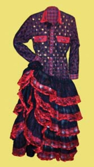 15 Dress Code: Greg Leong’s ‘Makeover extravaganza’: COURTENAY SMITH & SEAN TOPHAM Flannelette Carmen , 2003, flannelette, lace, brocade, Australian badges, Australian buttons and Chinese frogs, 143 x 60 x 30cm. IMAGES OF WORK BY GREG LEONG; COURTESY THE ARTIST