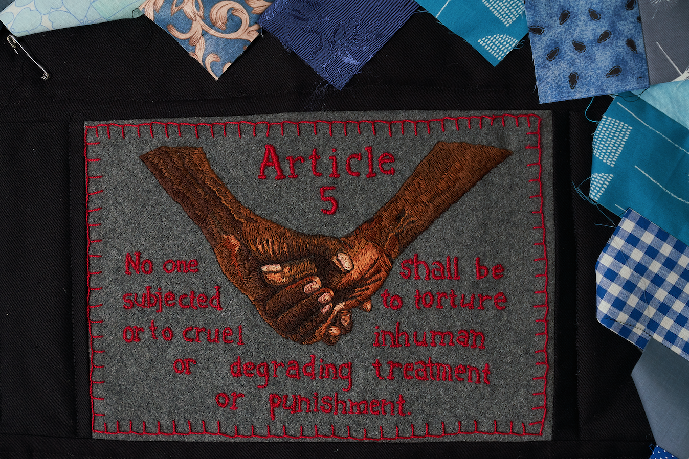 6 threads of social justice: ‘the #udhrquilt project’ at moad: meredith hinchliffe,  canberra     The #UDHRquilt Project , installation detail view, Museum of Australian Democracy (MoAD) at Old Parliament House, Canberra, 2019; image courtesy MoAD, Canberra; photo: Stefan Postles