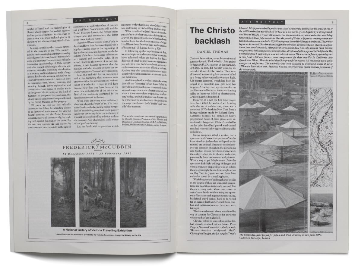  Daniel Thomas, ‘The Christo backlash’,  Art Monthly Australia , no. 46, December/January 1991-92, pp. 9-11; photo: Bob Newman 