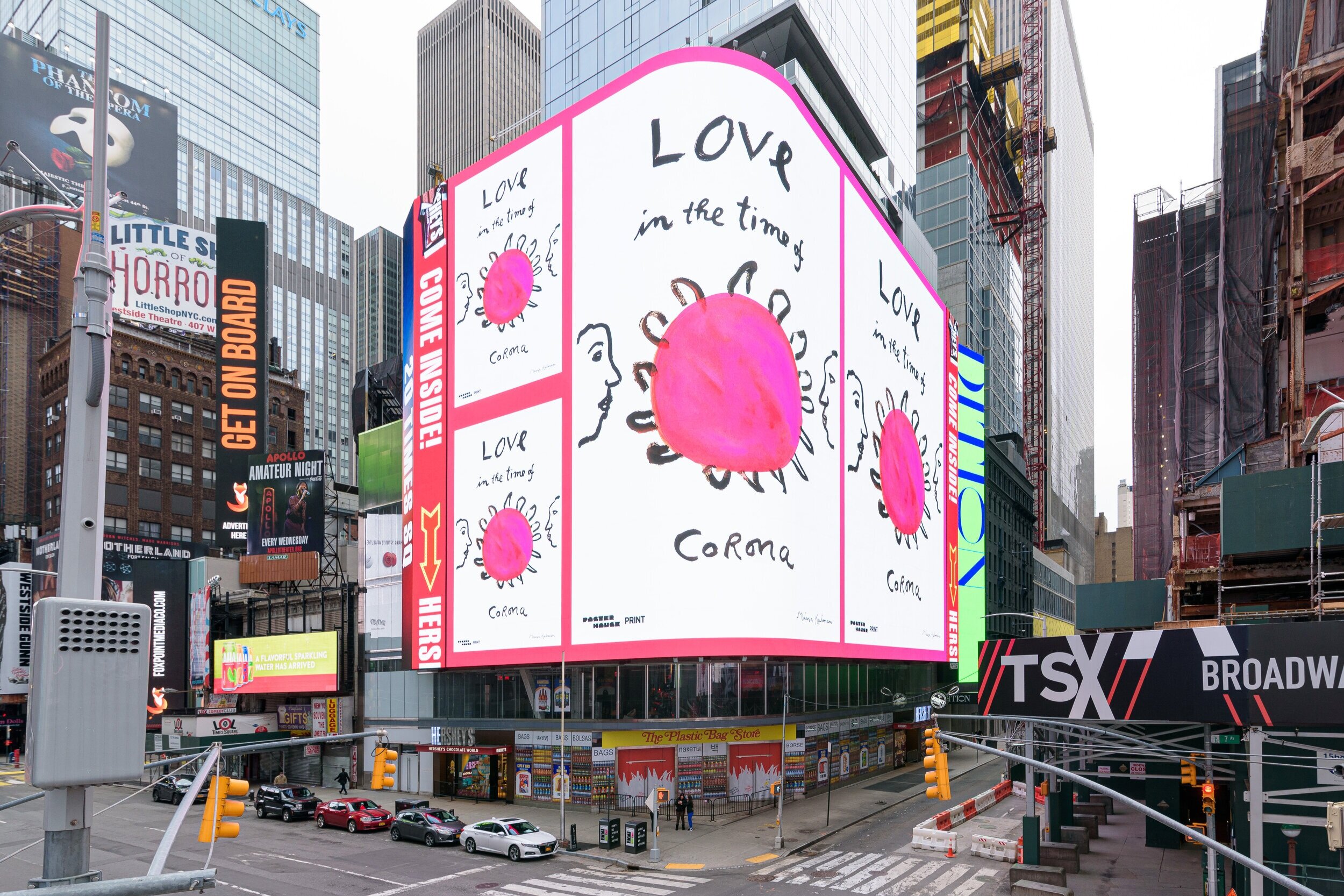  Maira Kalman,  Love in the Time of Corona , 2020, installation view; courtesy Poster House and Times Square Arts, New York; photo: Ian Douglas   