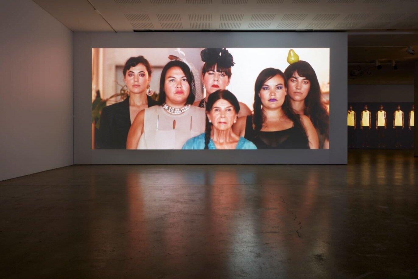   Wansolwara: One Salt Water , exhibition installation view, UNSW Galleries, Sydney, 2020 with (from left): Caroline Monnet,  Creatura Dada , 2016;   Gutinarra Yunupingu,  Gurrutu’mi Mala (My Connections) , 2019; photo: Zan Wimberley  