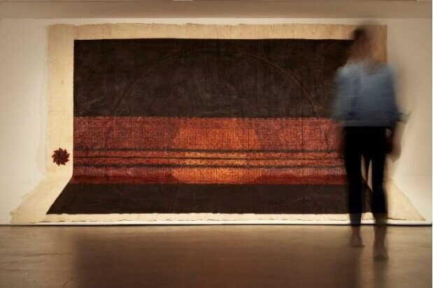  Ruha Fifita,  Lototo , 2016, installation view, ‘Wansolwara: One Salt Water’, UNSW Galleries, Sydney, 2020; earth pigments, natural dyes and  tuitui  (candlenut soot) on  ngatu  (barkcloth); courtesy the artist; photo: Zan Wimberley 