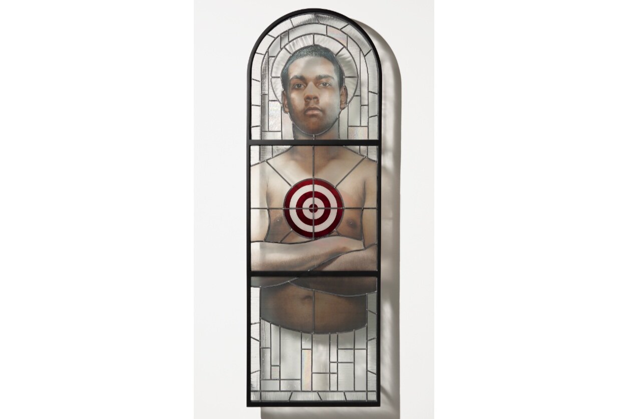 Tony Albert,  Brother (The invisible prodigal son) II , 2020, installation view, ‘Duty of Care’, Canberra Glassworks, 2020; glass, digital print glass decal, lead, painted steel; photo: Brenton McGeachie 