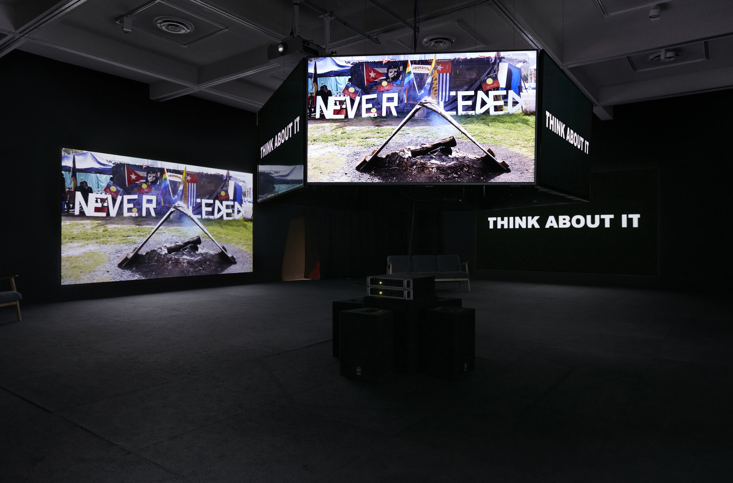  Barbara McGrady (with John Janson-Moore),  Ngiyaningy Maran Yaliwaunga Ngaara-li (Our Ancestors Are Always Watching) , exhibition installation view, Campbelltown Arts Centre, Sydney, 2020; courtesy the artist; photo: Zan Wimberley 