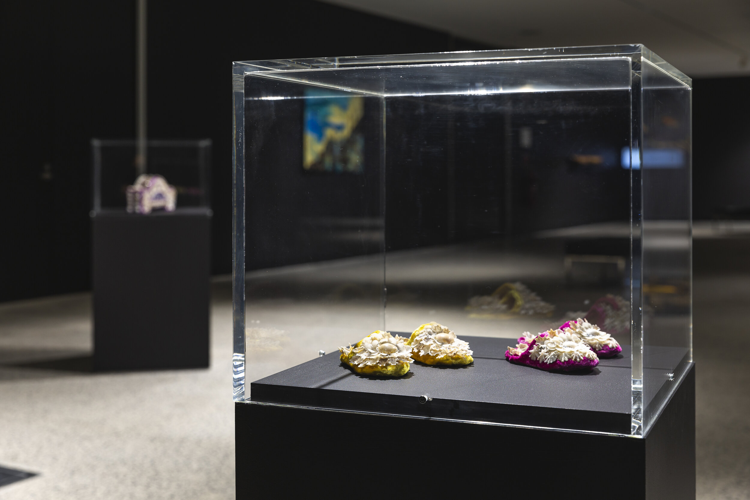   Ngaliya Diyam , exhibition installation view, Granville Centre Art Gallery, Western Sydney, 2020, featuring the work of Aunty Esme Timbery (foreground); courtesy the artist; photo: Document Photography 