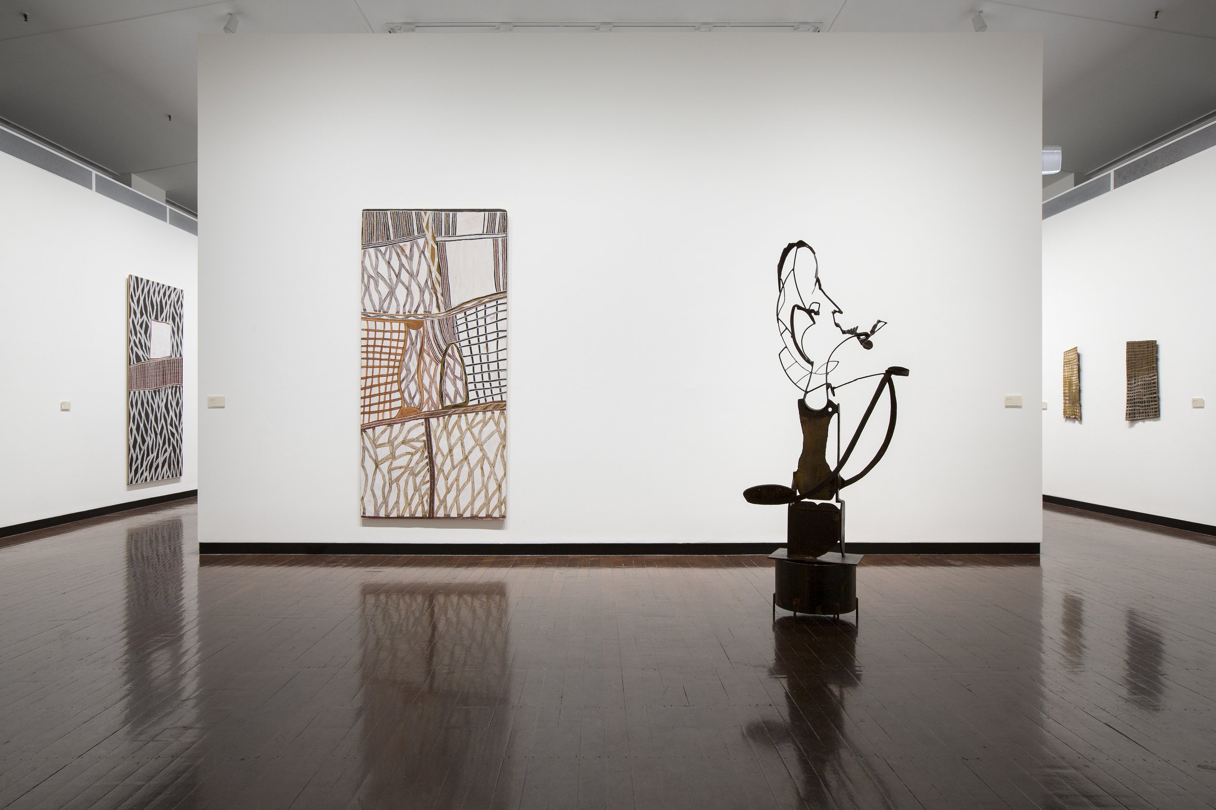 FLUENT: Nonggirrnga Marawili and Leo Loomans , exhibition installation view, Drill Hall Gallery, Kamberri/Canberra, 2023; photo: David Paterson