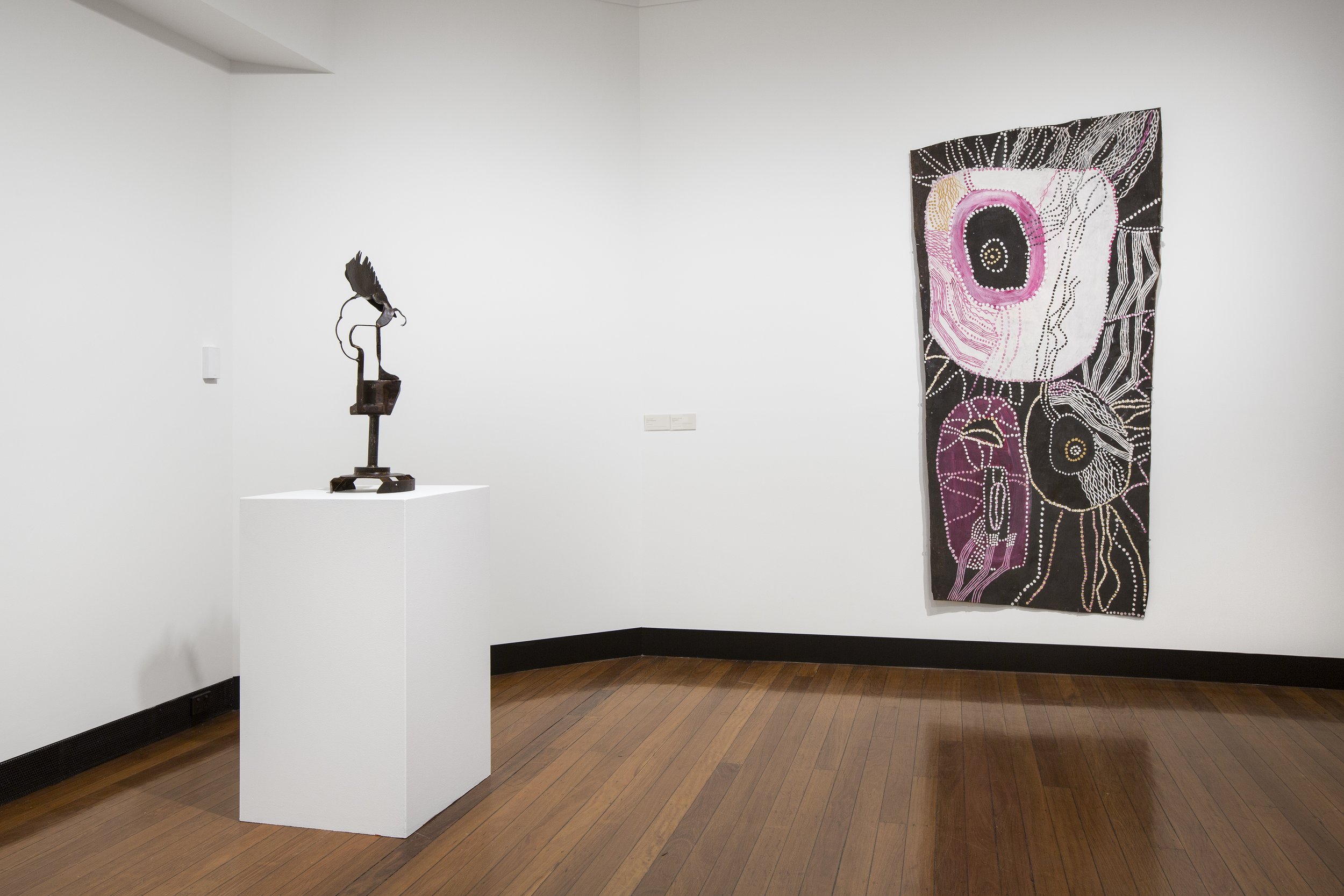 FLUENT: Nonggirrnga Marawili and Leo Loomans , exhibition installation detail, Drill Hall Gallery, Kamberri/Canberra, 2023; photo: David Paterson