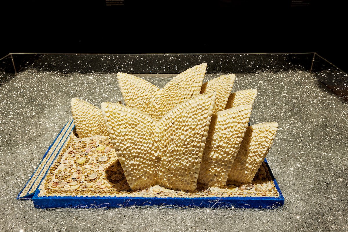  Esme Timbery,  Untitled (shellworked Sydney Opera House) , 2002, installation view, ‘The People’s House: Sydney Opera House at 50’, Museum of Sydney, Warrang/Sydney, 2023; Sydney Opera House Trust Collection; photo: © James Horan for Museums of Hist