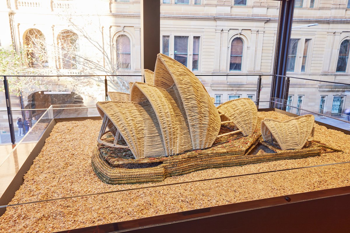  Steven Russell and Phyllis Stewart,  Untitled (woven Sydney Opera House) , 2023, installation view, ‘The People’s House: Sydney Opera House at 50’, Museum of Sydney, Warrang/Sydney, 2023; Museum of Sydney Collection, Museums of History NSW; photo: ©
