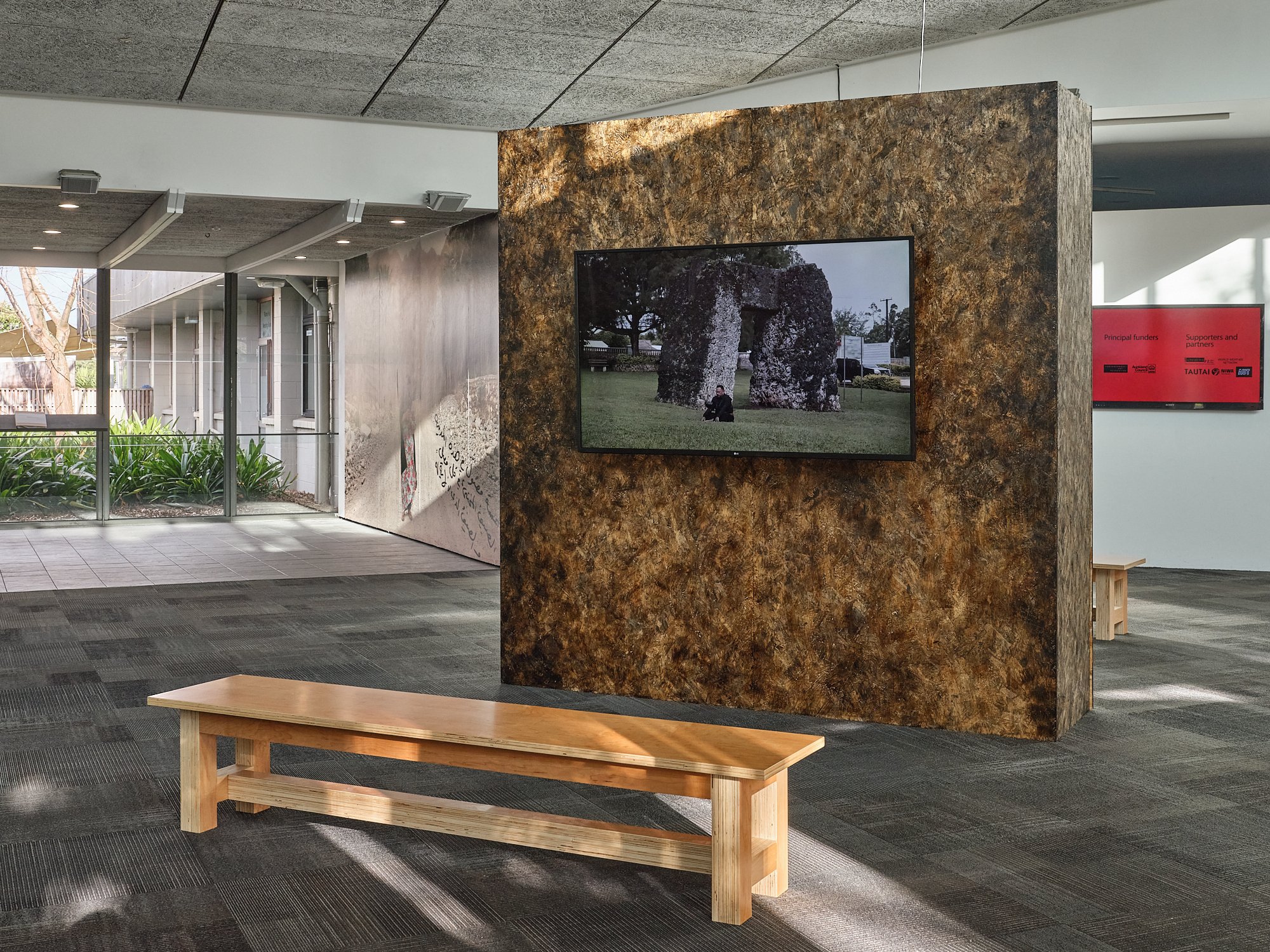  Kalisolaite ‘Uhila,  Sun Gate: Ha‘amonga a Maui , 2023, installation view, ‘Huarere: Weather Eye, Weather Ear’, Te Tuhi, Tamaki Makaurau/Auckland, 2023 ;  mixed-media installation, dimensions variable 