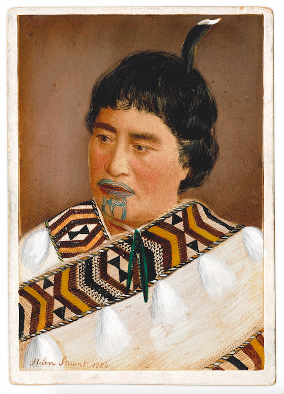  Helen Stuart,  Hand-painted portrait of an unidentified Māori woman , 1886, painted cabinet card print; collection of Peter Alsop 