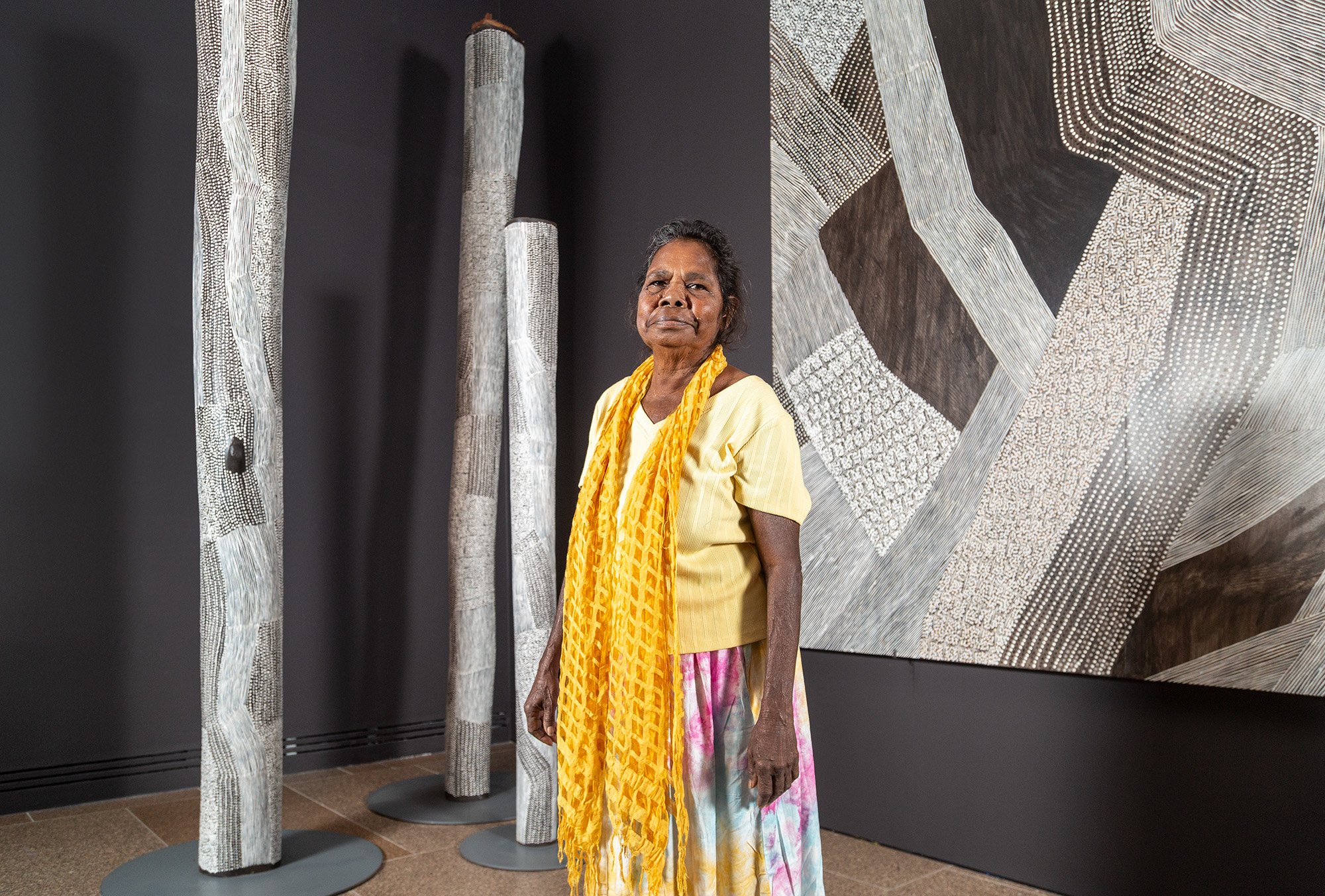 Djakaŋu Yunupiŋu, Tears of the Djulpan , 2023, installation view, 'Tarnanthi 2023', Art Gallery of South Australia, Tarntanya/Adelaide, 2023; photo: Saul Steed.