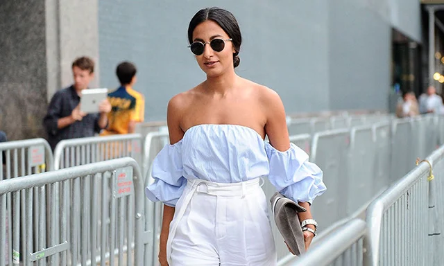 A classic off-the-shoulder Ortiz top worn by Nausheen Shah.