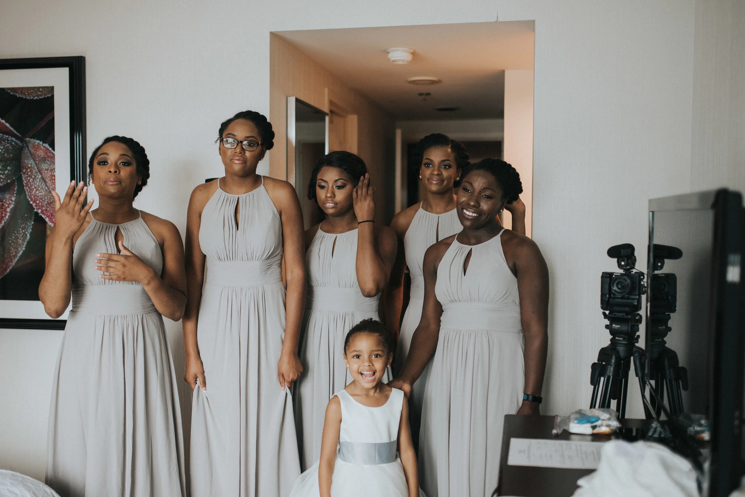 Bridesmaids first reaction to bride in wedding dress