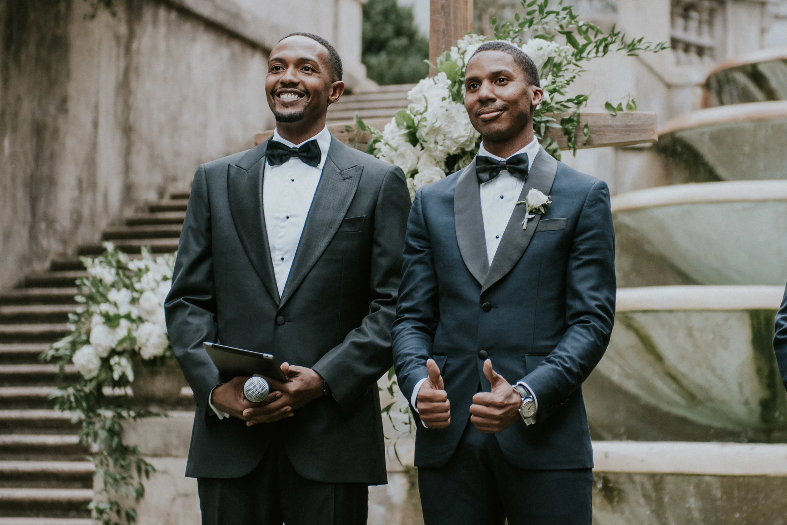 Groom's reaction of bride walking down the aisle at Swan House wedding