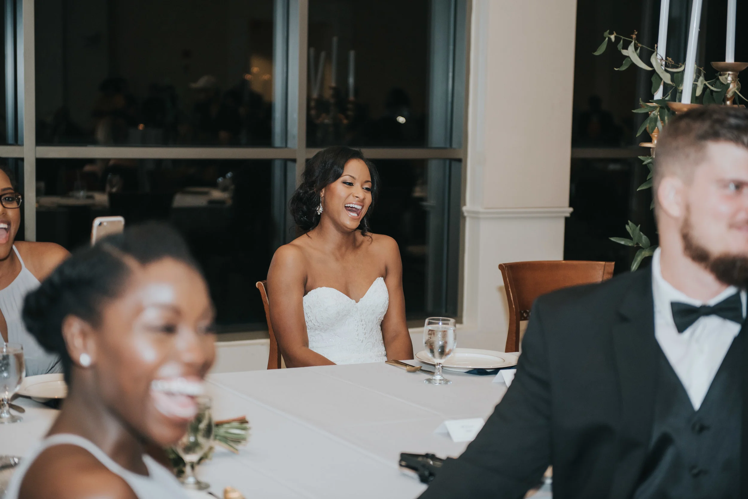 Bride laughing during wedding reception at Atlanta History Center