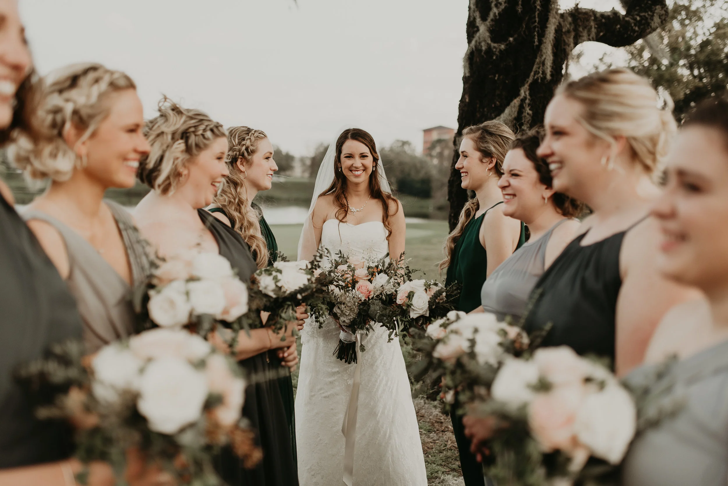 Bride and bridesmaids in shades of gray