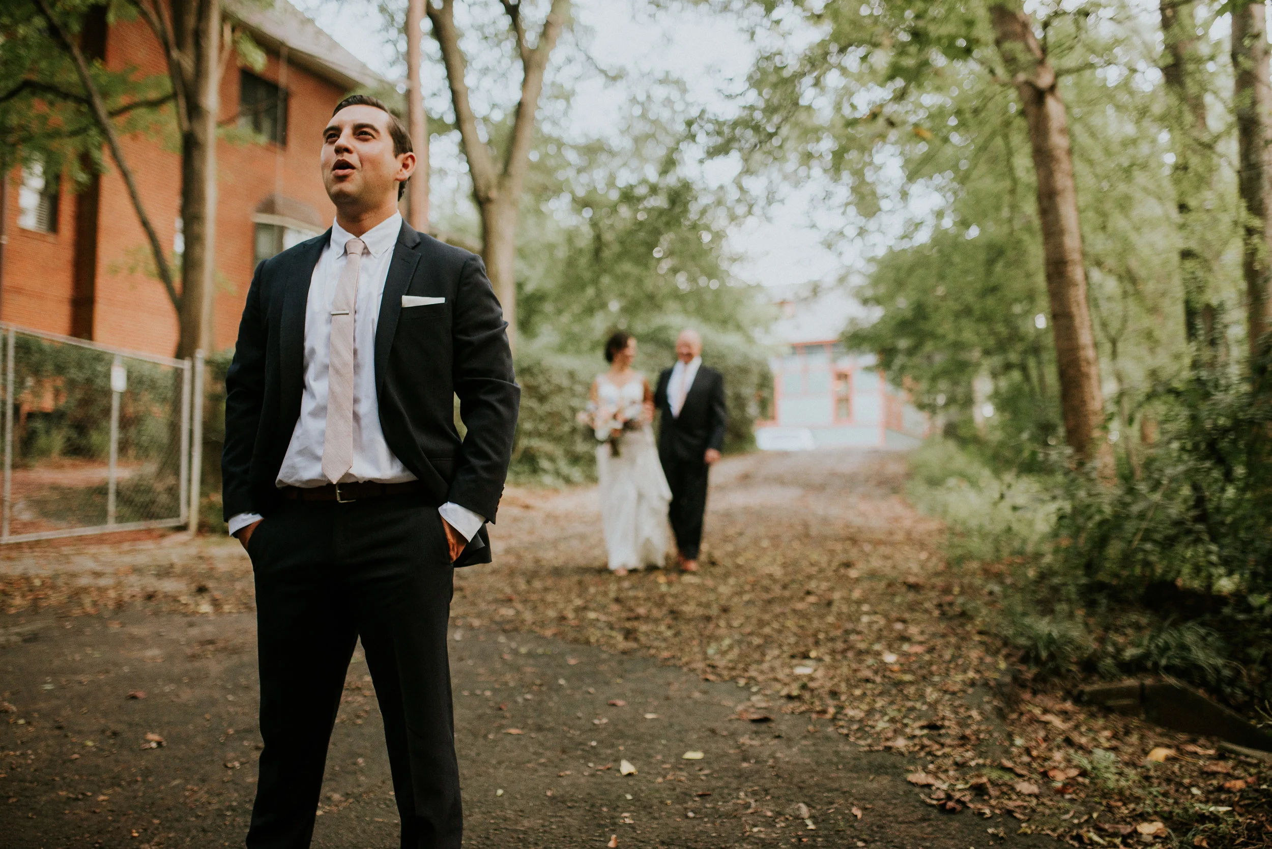 Bride and groom first look at The Trolley Barn in Atlanta, GA