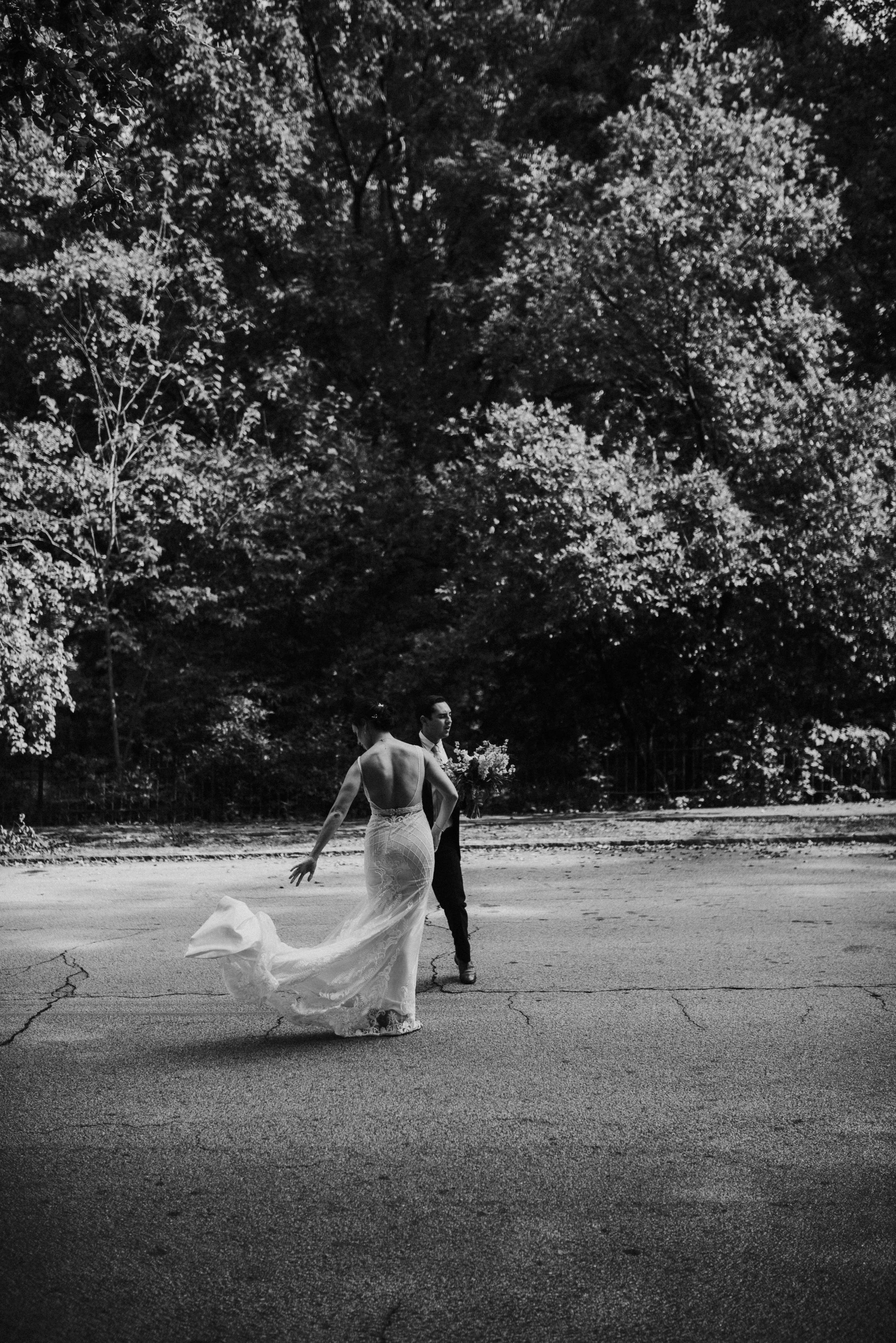 Bride's windblown dress at The Trolley Barn in Atlanta, GA
