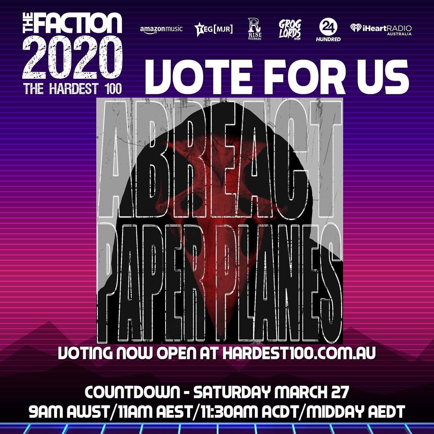 Voting is open for the @thefactionlive Hardest 100 and we have been lucky enough to have our latest single 'Paper Planes' included on the list! 
We'd be stoked as if you could sling us a vote in amongst your 10 tracks of the year!
Vote at hardest100.