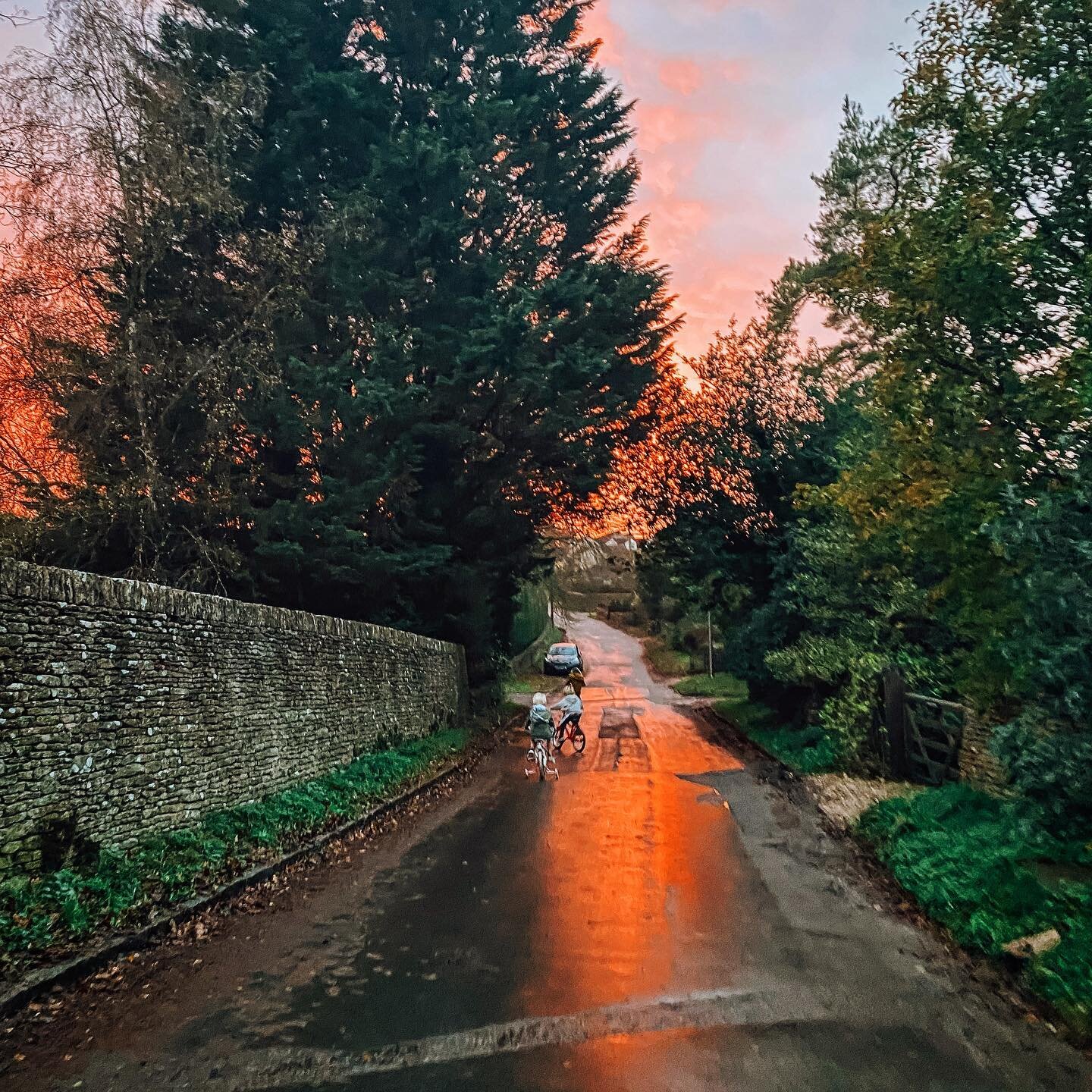 A pink sky for a late afternoon bike ride. As they waited for me in the drive, all the children kept calling &lsquo;Mummy, come!! Look!! The sky is magical.&rdquo; And then Elsa said, as we went down the lane: &ldquo;It&rsquo;s a fire sky to warm our