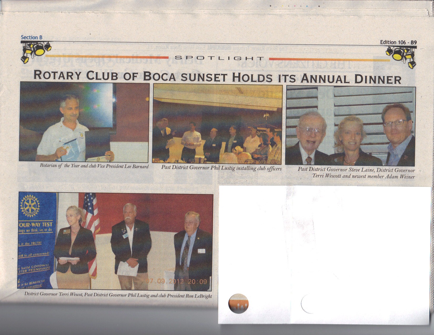 Our annual Rotarian election dinner fetured in the July 12-18th 2012 Boca Life & Arts newspaper
