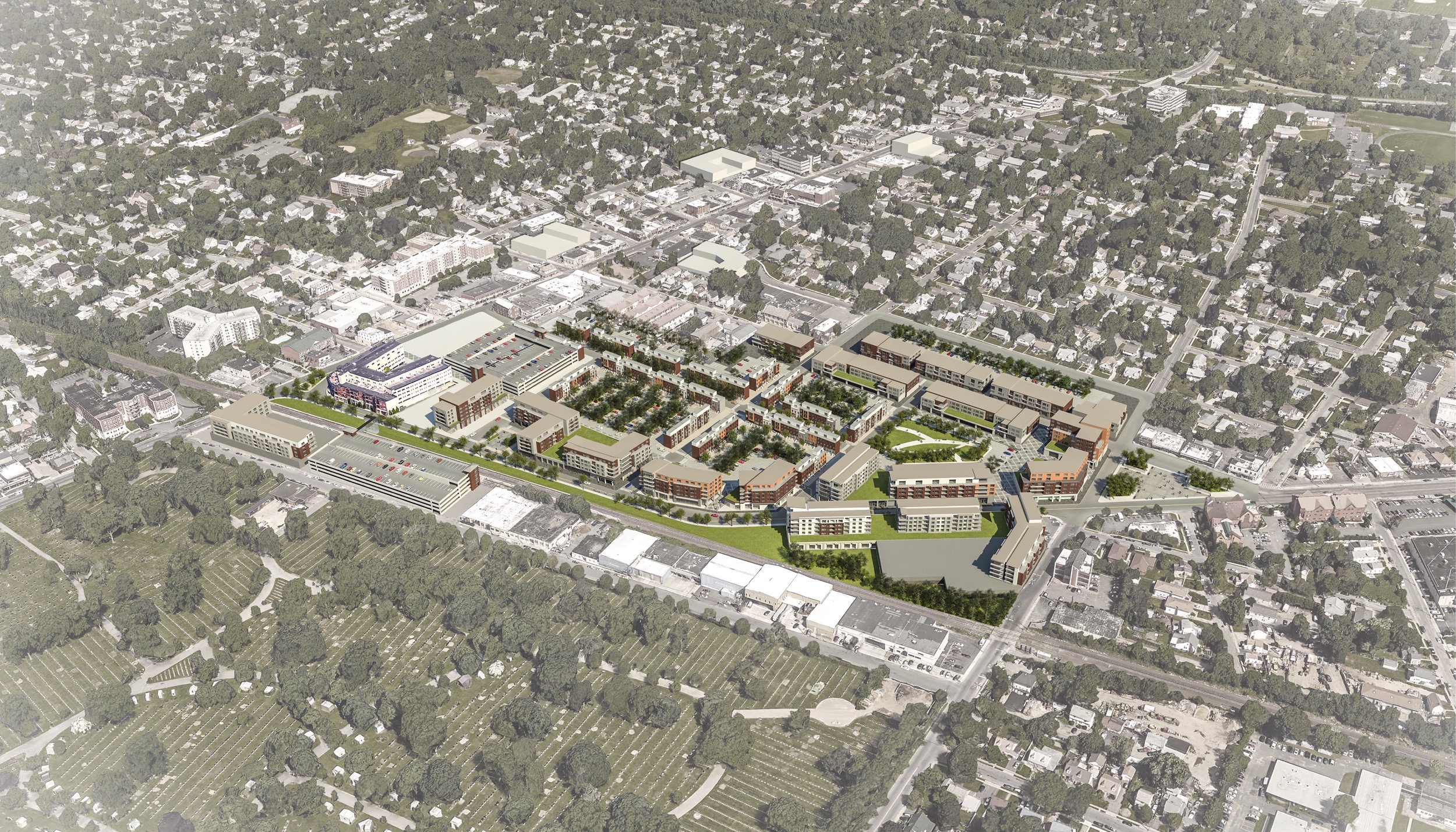 Rendering of an Example of Downtown Westbury Following the Rezoning (Rendering Created by FXFOWLE)