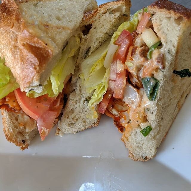 Good Morning. Today's special is a Buffalo Cauliflower Sandwich with a Bleu Cheeze Corn Spread, Lettuce and Tomatoes served with Fries. Have a fantastic day