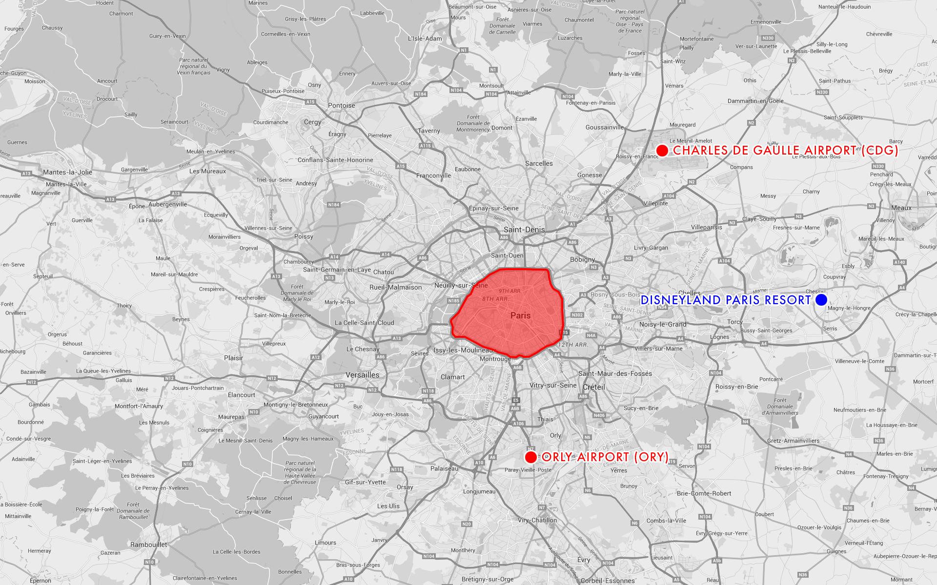The main airports serving Paris for most travelers, with the main city and Disneyland Paris shown for context.