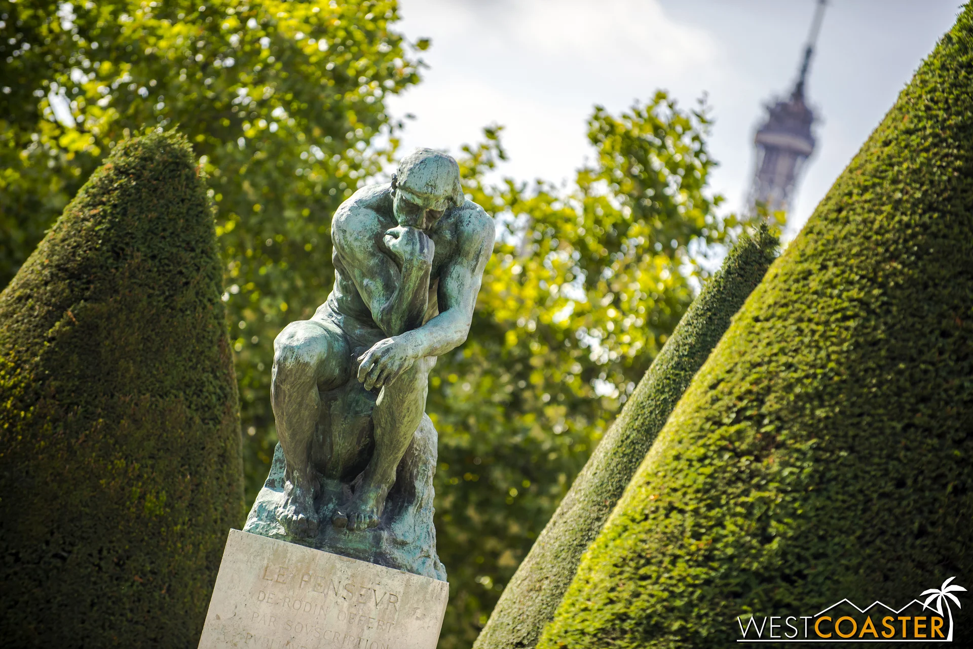 The Thinker sits in contemplation at the Rodin Museum.