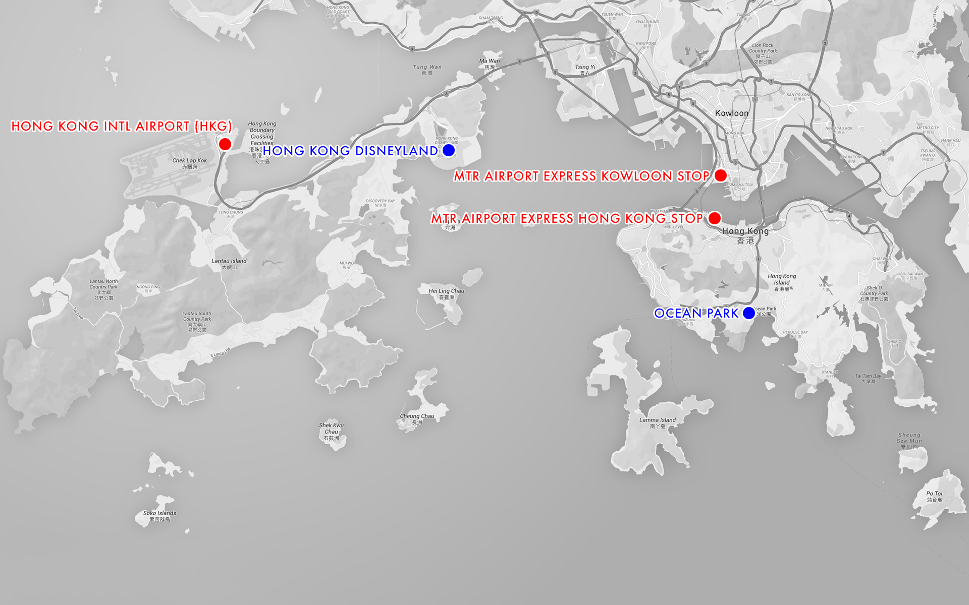 The Hong Kong International Airport and the main relevant stops of the MTR Airport Express are shown, with Hong Kong Disneyland and Ocean Park located for reference.