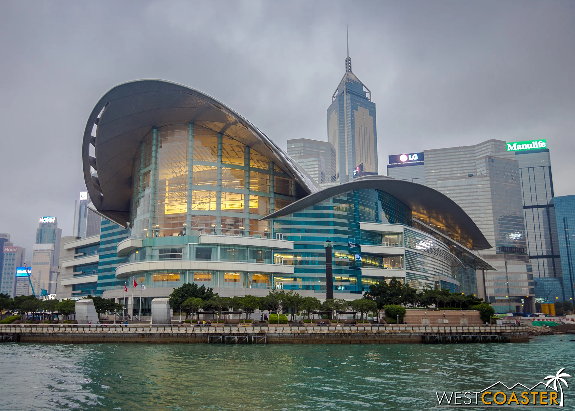 The Hong Kong Convention and Exhibition Centre seems to take flight along the Victoria Harbor.
