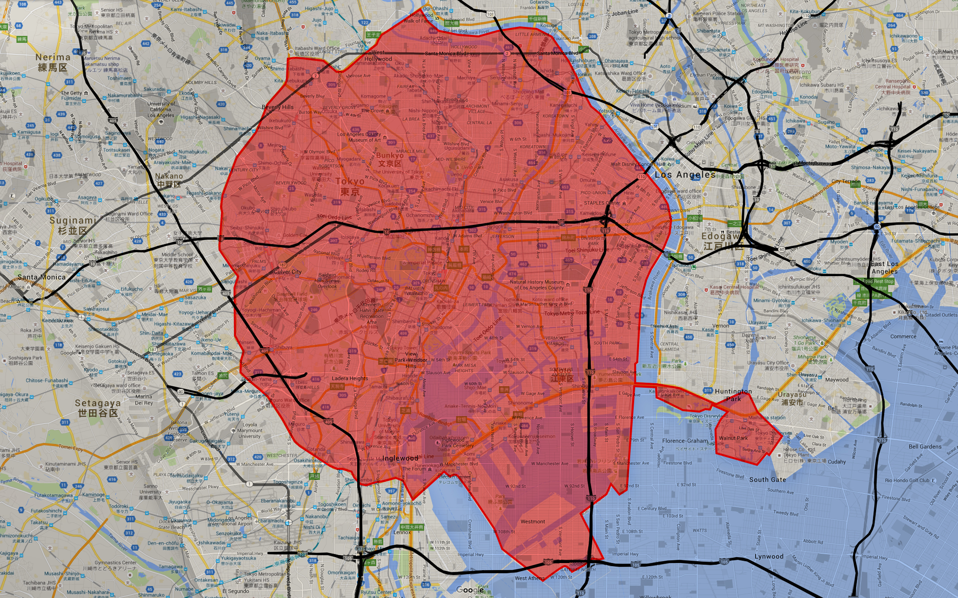 Here's another comparison of a foreign city to Los Angeles. Tokyo is in color; L.A. geography is overlaid in black and white. The "tourist area of interest" in the city itself is twice the size of that of Paris, and every bit of it is packed with the density and offerings of any modern metropolis.