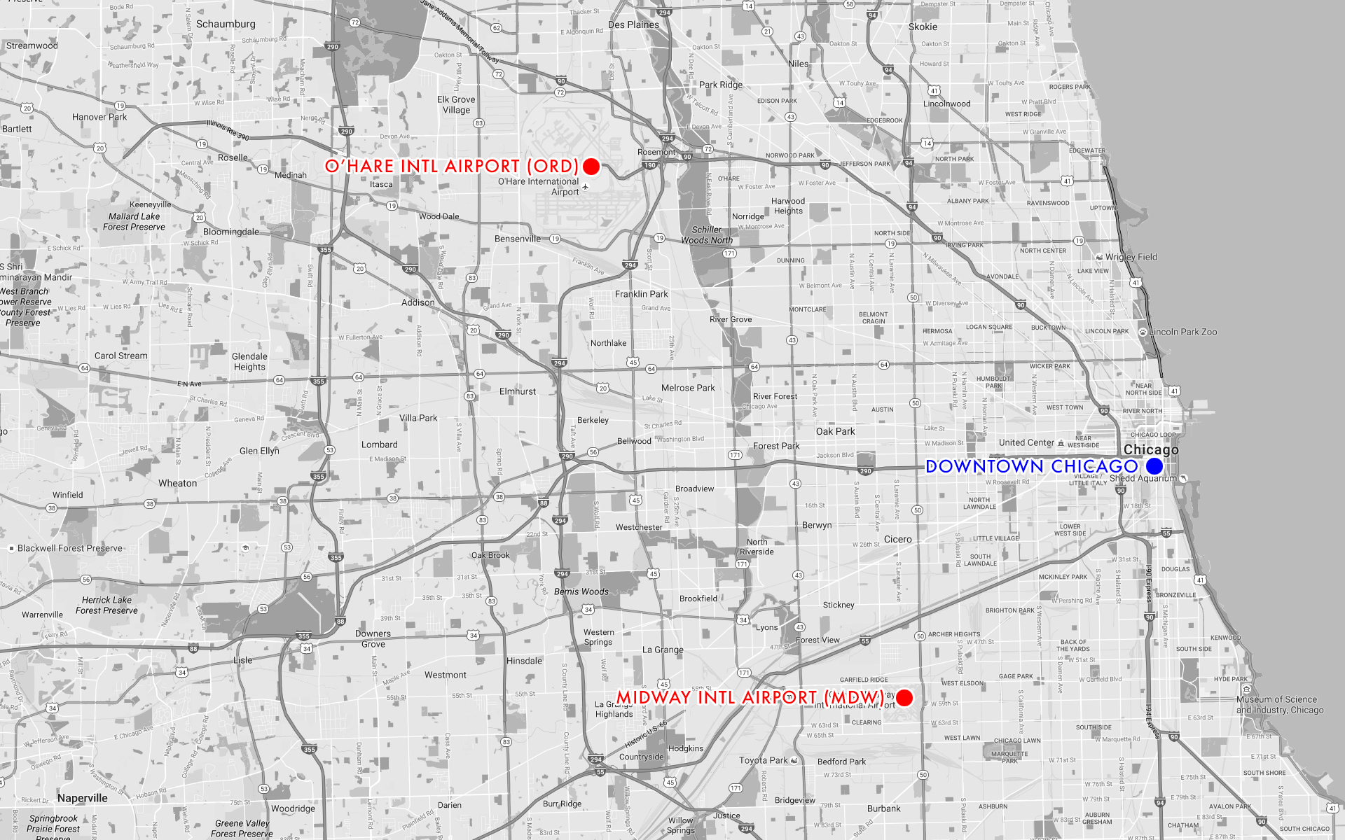 A comparison of Chicago's two airports in comparison with the heart of the city.