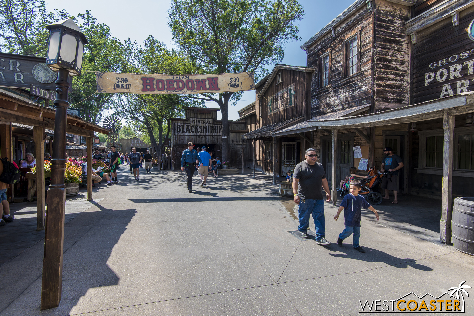 Signs of Ghost Town Alive! are immediately apparent upon entering Ghost Town, such as this proclamation of the big Calico Hoedown that serves as the climactic culmination of the day's activities and stories.