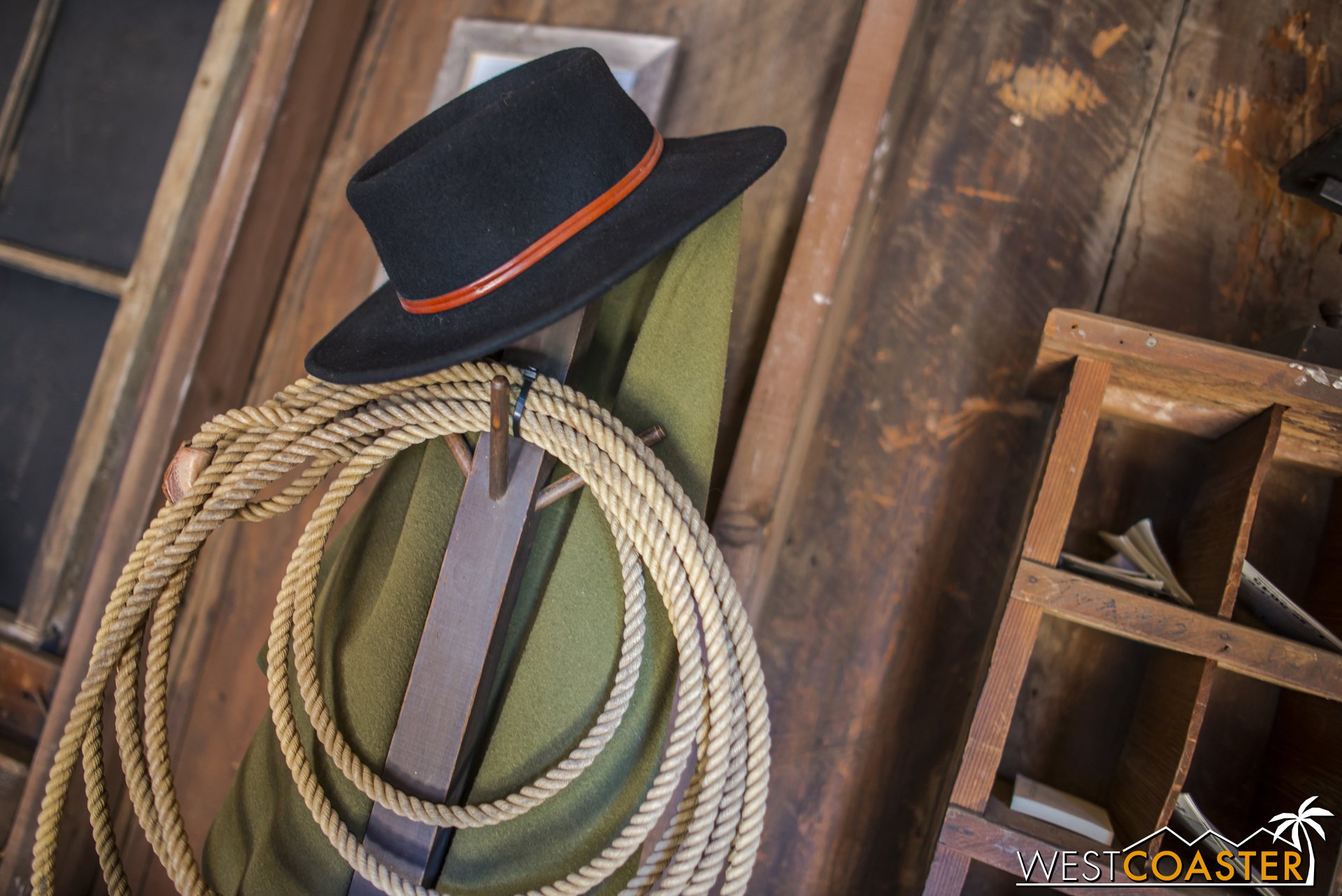  A hat and lasso hang on a rack for Sheriff Wheeler's use when needed. 