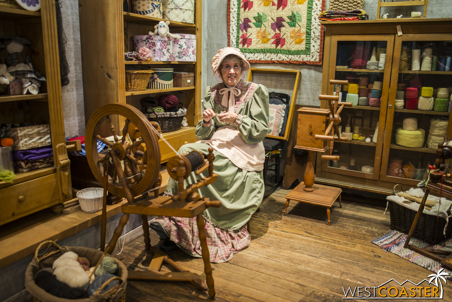  Miss Felicity is the spinner inside the Dress Shop and works on crocheting, quilting, and a variety of other thread and yarn crafts. 